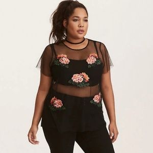 Torrid Sheer Mesh Tee Embroidered Flowers Black